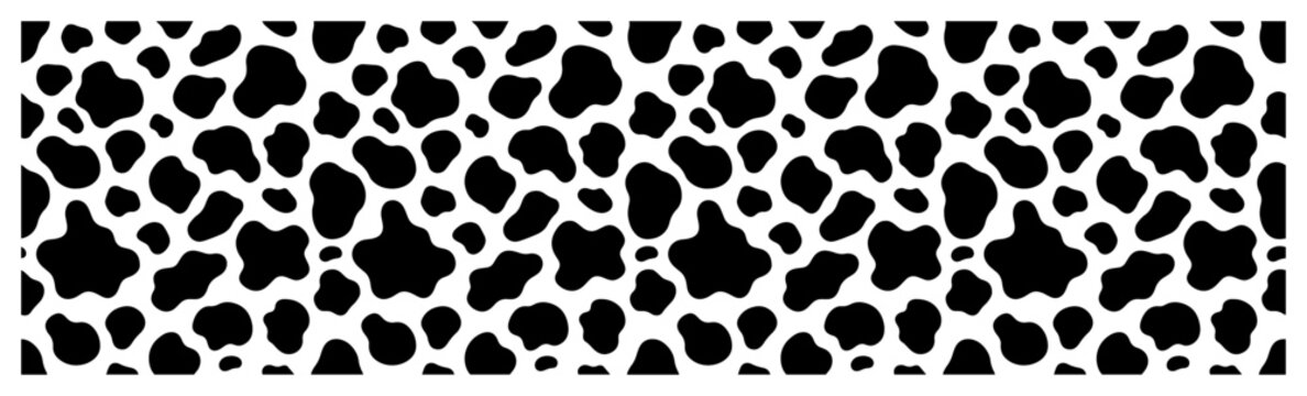 Cow print seamless animal hide spots pattern with irregular black shapes in monochrome vector style