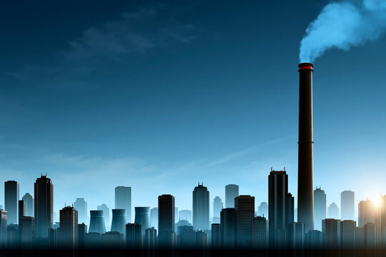 Skyline with smoke stack and buildings at dusk