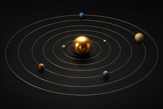 Heliocentric model with a golden central sphere and smaller spheres on concentric circular orbits.