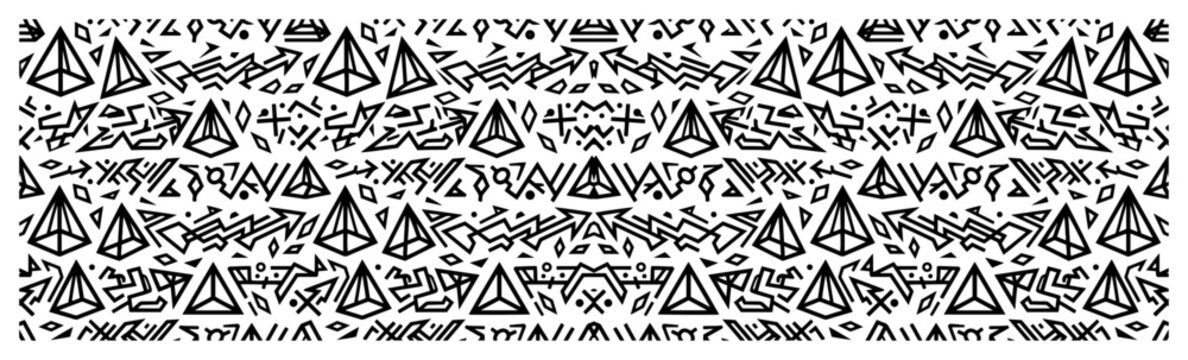 Geometric pyramid and triangle icons pattern with sketchy hand drawn symbols in black and white style