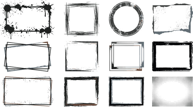 Grunge textured ink splatter borders and frames vector set with hand drawn rectangular elements on white background