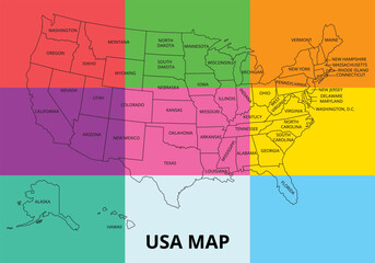 Naklejka premium USA Map with Color‑Coded Regions