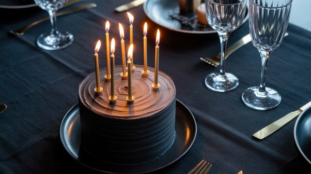Elegant chocolate birthday cake with burning gold candles, moody dark table setting for luxury anniversary celebration, sophisticated dinner party dessert