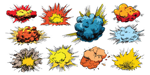 Set of colorful comic book explosion and blast effect icons with dynamic shapes and motion lines © vintage style