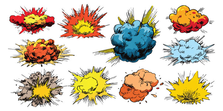 Set of colorful comic book explosion and blast effect icons with dynamic shapes and motion lines