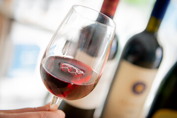 Fototapeta premium Savoring Rich Red Wine in a Cozy Setting With Elegant Bottles in View