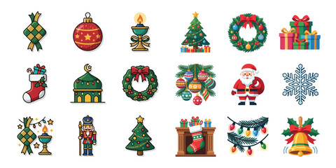 Fototapeta premium Pixel Art Christmas and Festive Icons Set: Santa, Tree, Gifts, Wreaths, Snowflakes