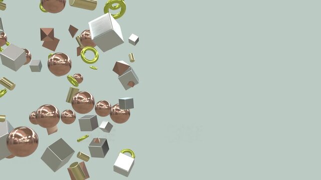 Abstract 3d animation of metallic geometric shapes falling in slow motion on a pale green background