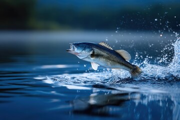 Obraz premium Bass fish leaping out of calm lake water during early morning with splashes and reflection under soft natural light in a peaceful outdoor environment
