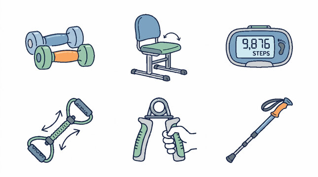 Collection of fitness equipment icons including dumbbells pedometer hand gripper and walking pole.