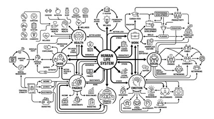 Obraz premium Human life system mind map connecting multiple life domains.