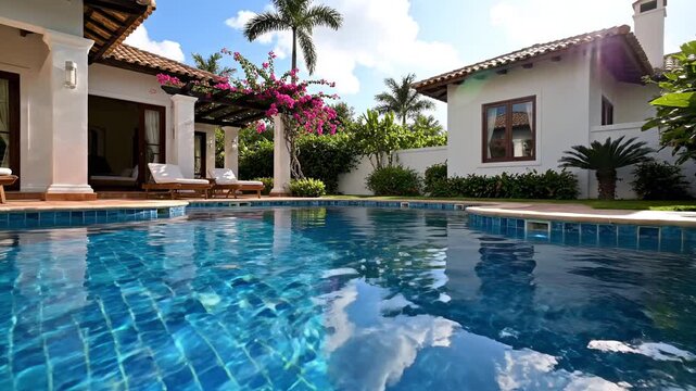 Blue swimming pool beside white villa, palm trees, sunny sky. Focus on pool lifestyle, private pool relaxation, poolside leisure for vacation rental, real estate marketing