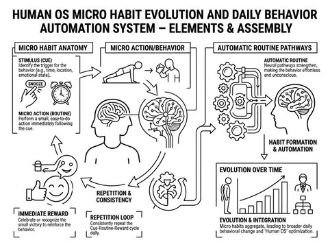 Human OS habit evolution and behavior system infographic.
