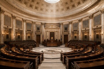 Obraz premium An empty classical circular hall with curved rows of dark wooden seats under a dome.