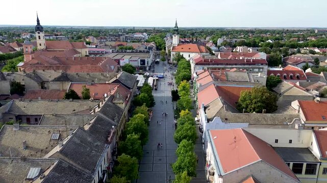 Panorama of the city of Sombor from a drone. View of the main street and the city center with the Orthodox church. Vojvodina, Serbia.