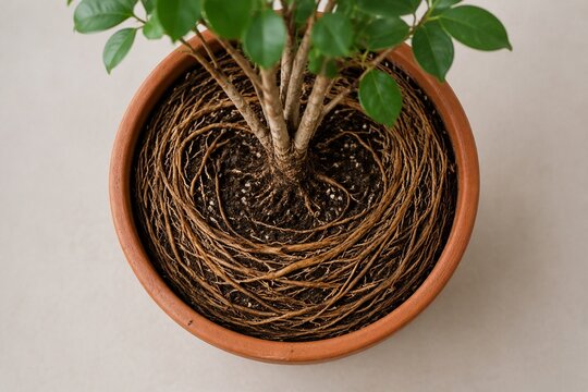 A root-bound plant in a terracotta pot, roots circling inside, top-down view.