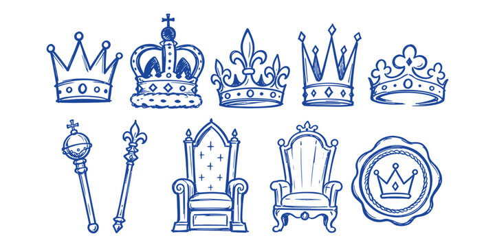 royal crown and throne elements king queen majesty doodle icon set vector illustration