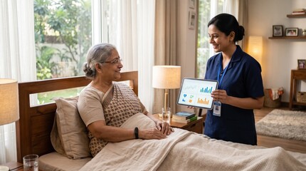 Obraz premium Indian female nurse showing medical report on digital tablet to senior woman in bed photo for healthcare brochure, hospital website and elderly care advertising