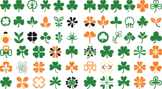 Collection of green orange and black shamrocks and clovers on white background
