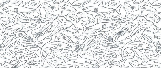 Fototapeta premium Black line art shark and squid nautical pattern
