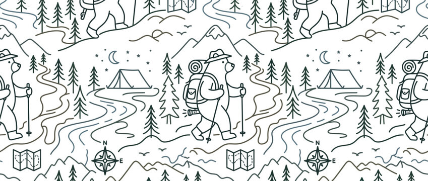 Black and white hiking bear pattern in mountain wilderness.