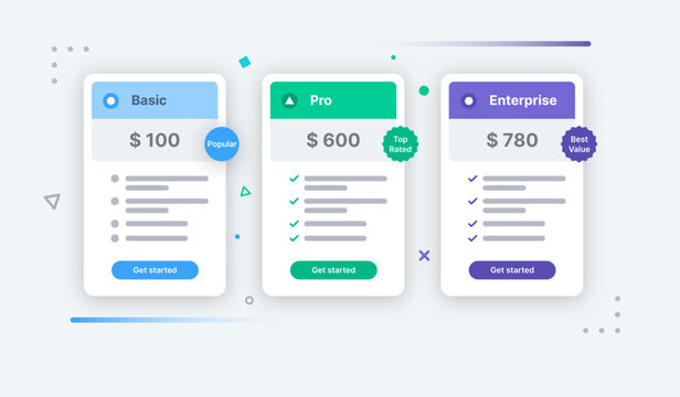 Modern user interface UI pricing plans comparison table for web application vector template