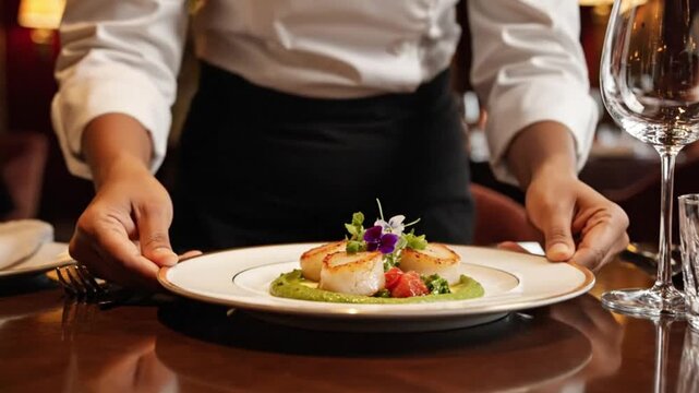 Waiter serving gourmet pan seared scallops on a plate in restaurant waiter serving food in restaurant