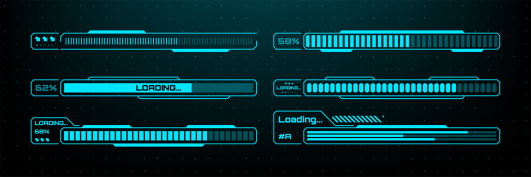 Set of blue hud loading bars with digital progress status. Futuristic interface elements for web application. Vector technology design asset for software development and user experience.