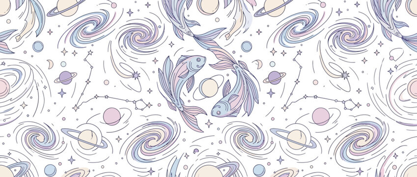 Celestial Pisces zodiac pattern with planets and stars.
