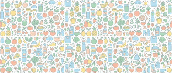 Obraz premium Colorful seamless fruit and vegetable doodle pattern