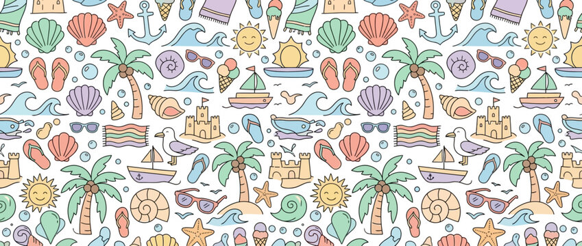 Colorful summer beach vacation doodle pattern