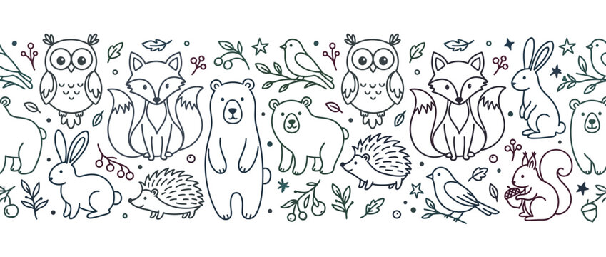 Cute forest animals horizontal banner border illustration.