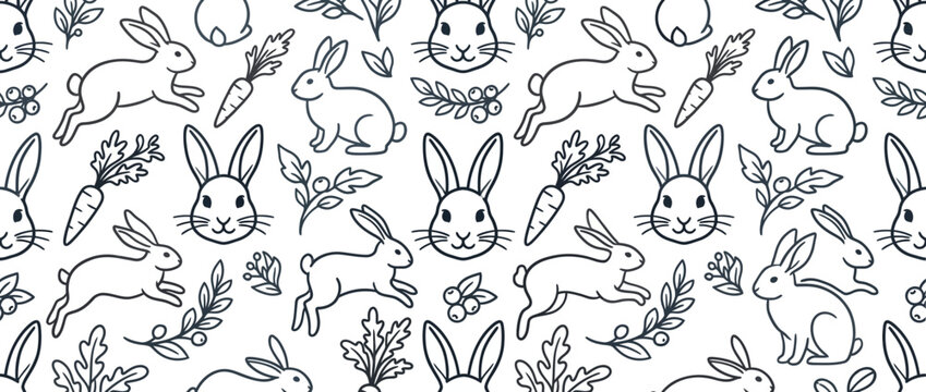 Cute rabbits and carrots hand drawn pattern.