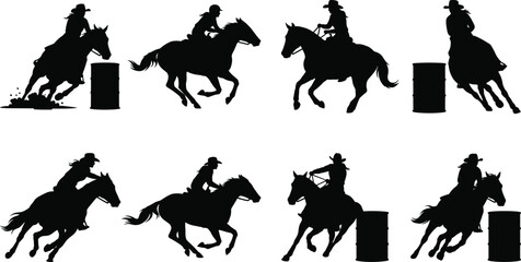 Naklejka premium Barrel Racing Horse and Rider Silhouette Collection Featuring Dynamic Rodeo Action Vector Set
