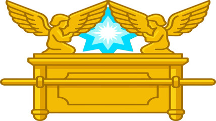 Naklejka premium The golden ark of the covenant featuring two cherubim and a glowing blue star icon above
