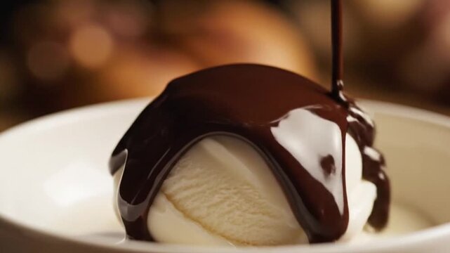 Pouring hot liquid chocolate over vanilla ice cream scoop in a bowl ice cream with chocolate