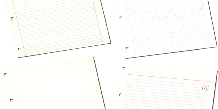 Four pieces of lined notebook paper with binder holes for school or office work