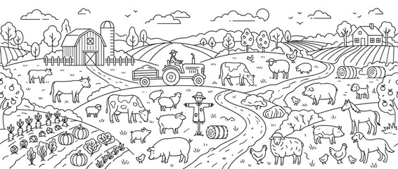 Obraz premium Farm landscape illustration with barn tractor and domestic animals.