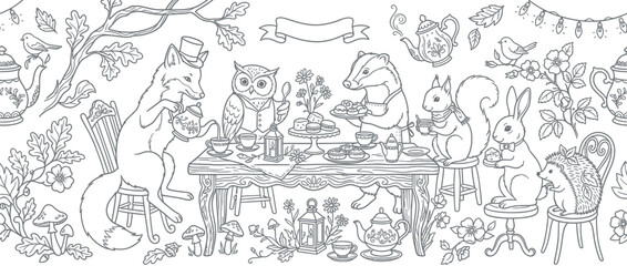 Obraz premium Forest animals enjoying outdoor tea party line art.