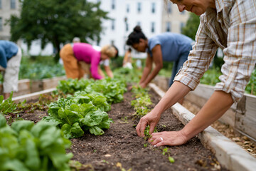 Fototapeta premium People tend rows of young lettuce plants. Hands gently place seedlings into rich, dark soil. Woman in plaid shirt leans over the bed. Workers focus on cultivating their harvest