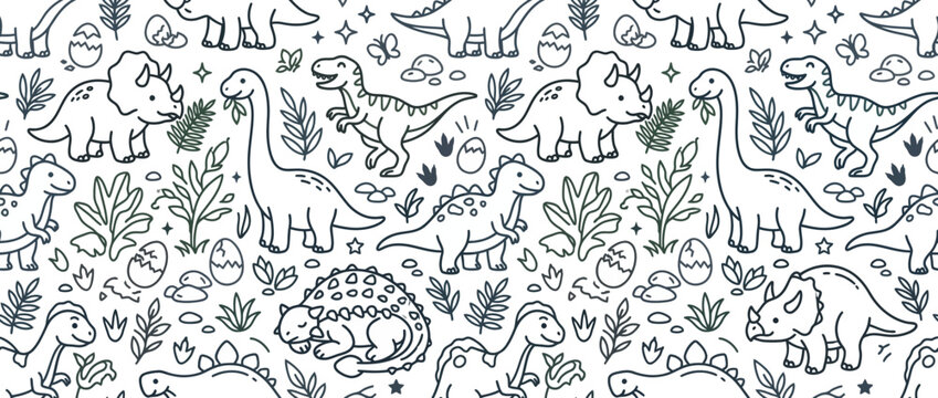 Hand drawn dinosaur and prehistoric foliage seamless pattern.