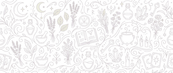 Fototapeta premium Herbalist witch apothecary doodle with botanicals and crystals.