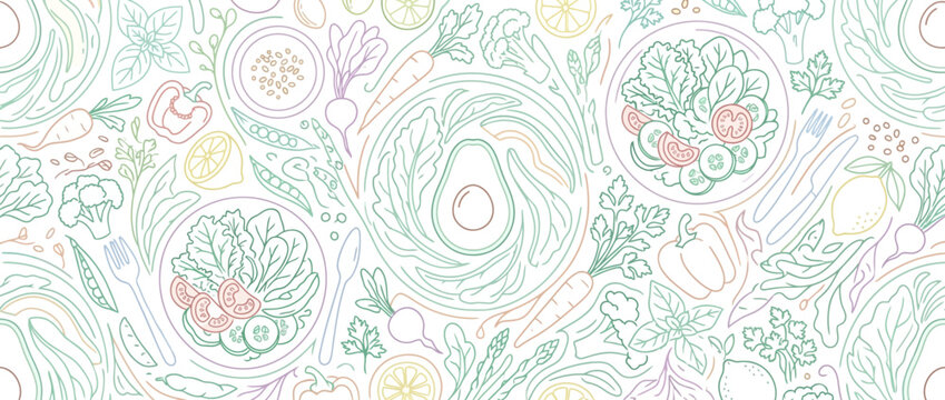 Healthy vegetable and salad colorful line art.