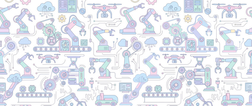 Industrial robotic arm and automation technology colorful pattern.