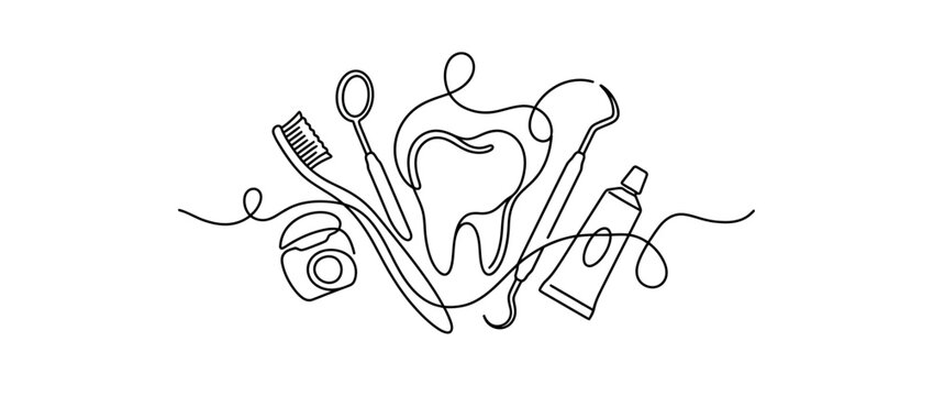 Minimalist continuous line art of dental tools and tooth.