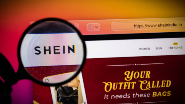 Closeup of a magnifying glass over the shein logo on a computer screen