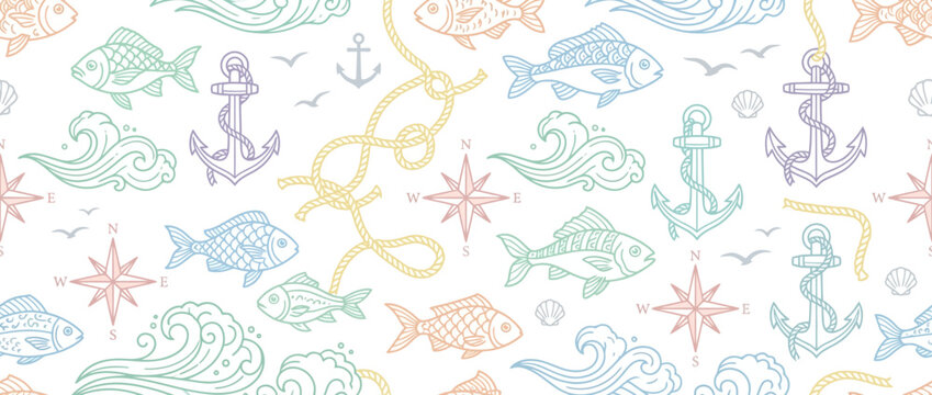 Nautical pattern with anchors fish and waves