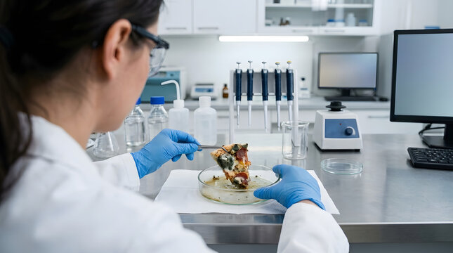 Scientist Checking Moldy Pizza with Tweezers in Food Microbiology Research Laboratory
