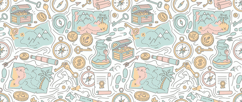 Pirate adventure treasure map and island colorful pattern.