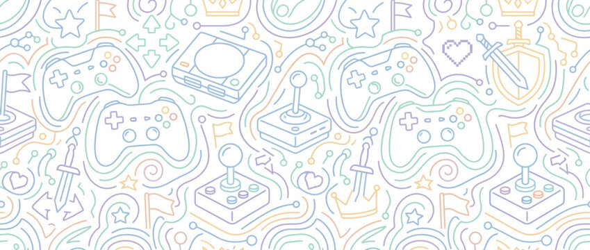 Retro gaming icons and fantasy elements line art pattern.